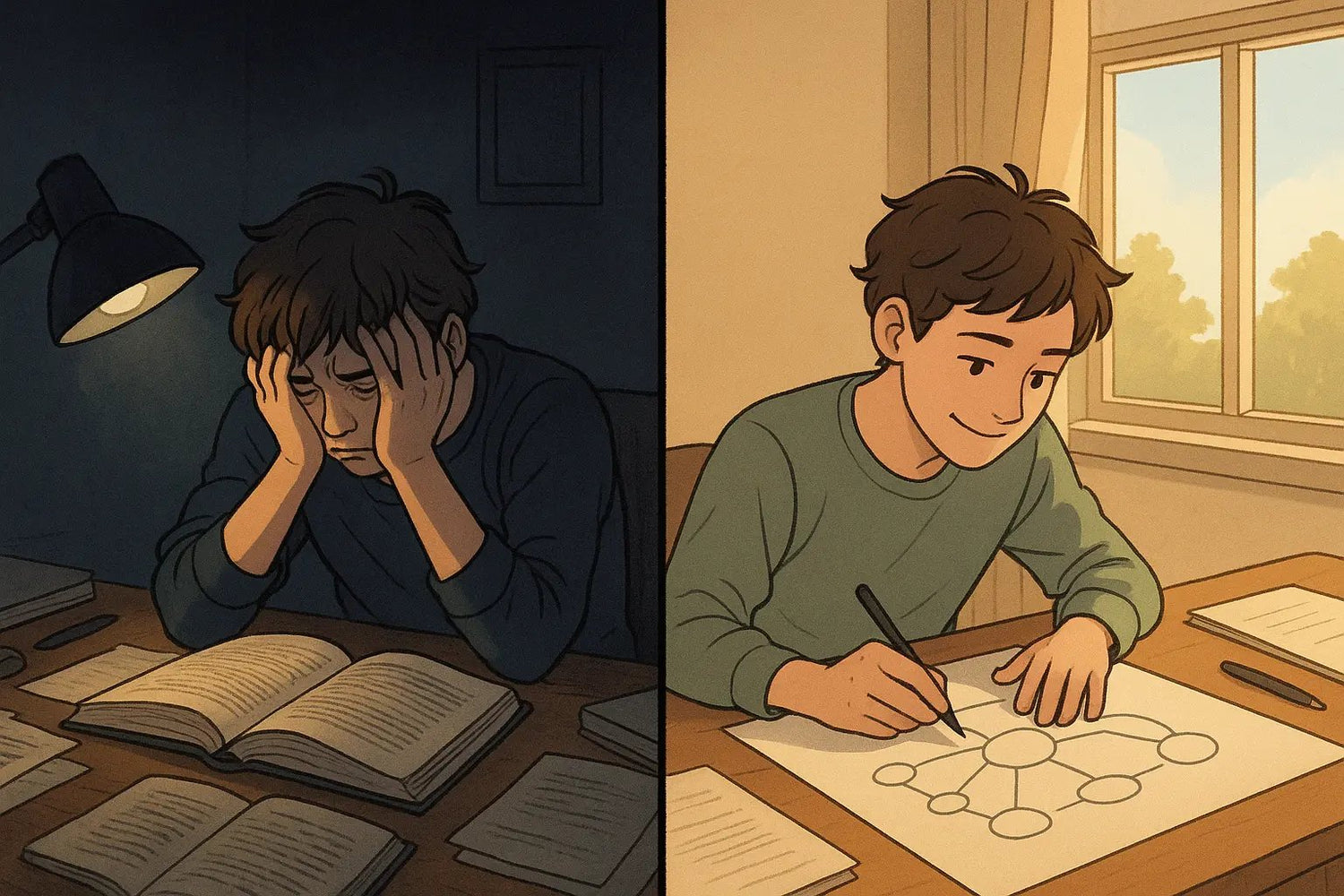 Student transformation from frustrated textbook study to confident diagram drawing in split-panel illustration