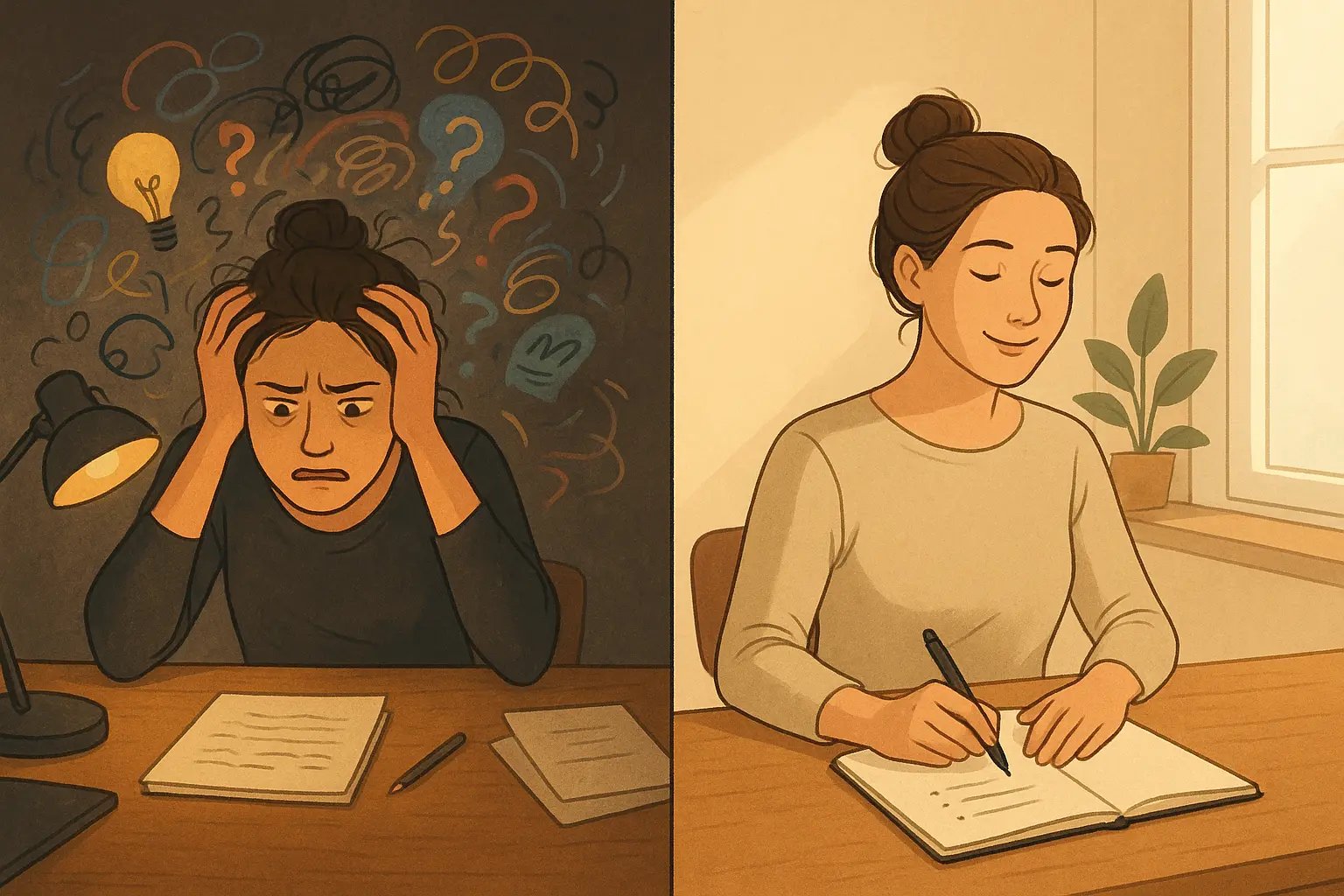 Woman at desk transforms from overwhelmed by chaotic thoughts to calm and focused with organised notepad