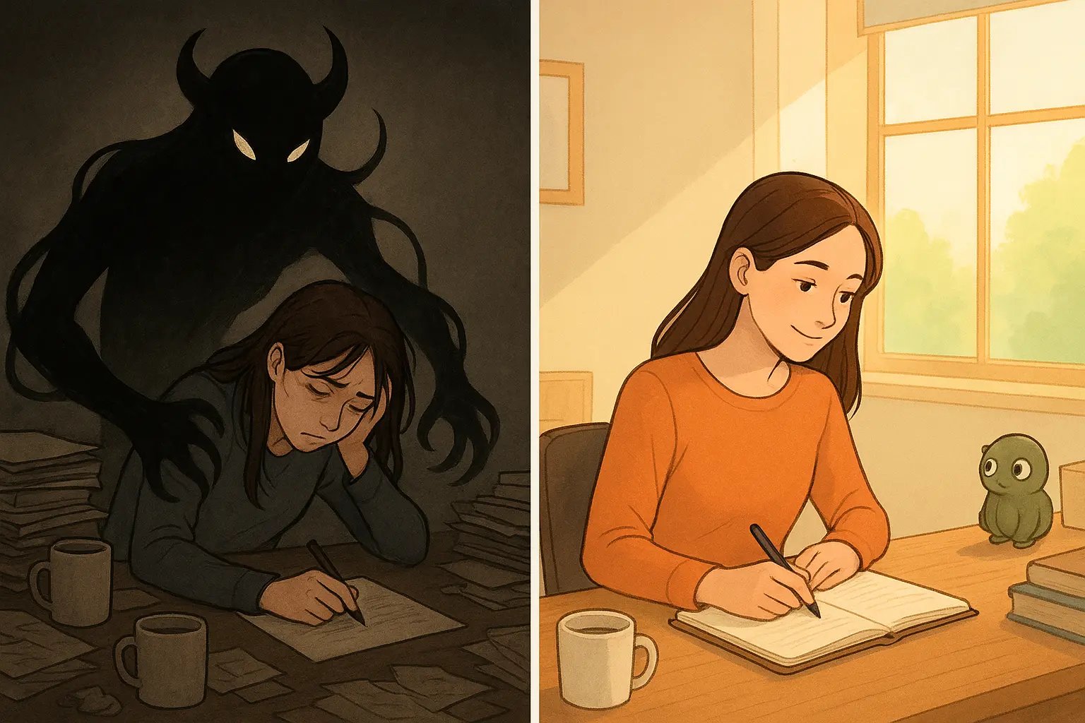 Split panel showing a woman's transformation from being overwhelmed by shadowy struggles to calmly writing her story with challenges as a small side character