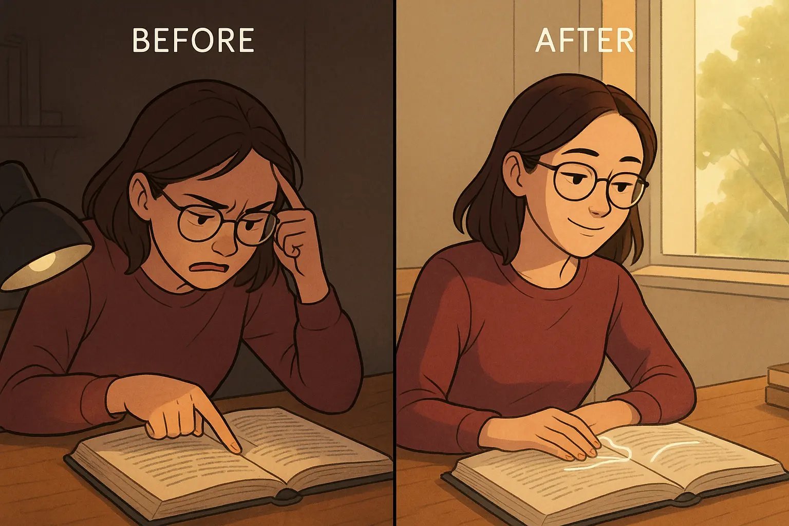 Student with glasses smiling confidently while reading a textbook, with glowing lines connecting words on the page to show understanding through context clues