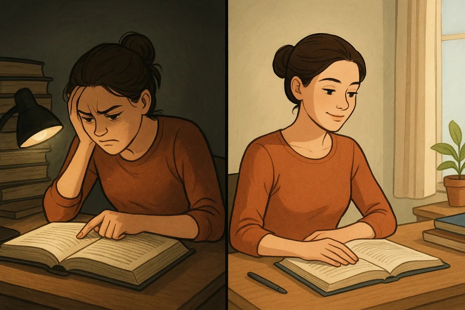 Before and after illustration of student transforming from frustrated word-by-word reading to confident, efficient speed reading