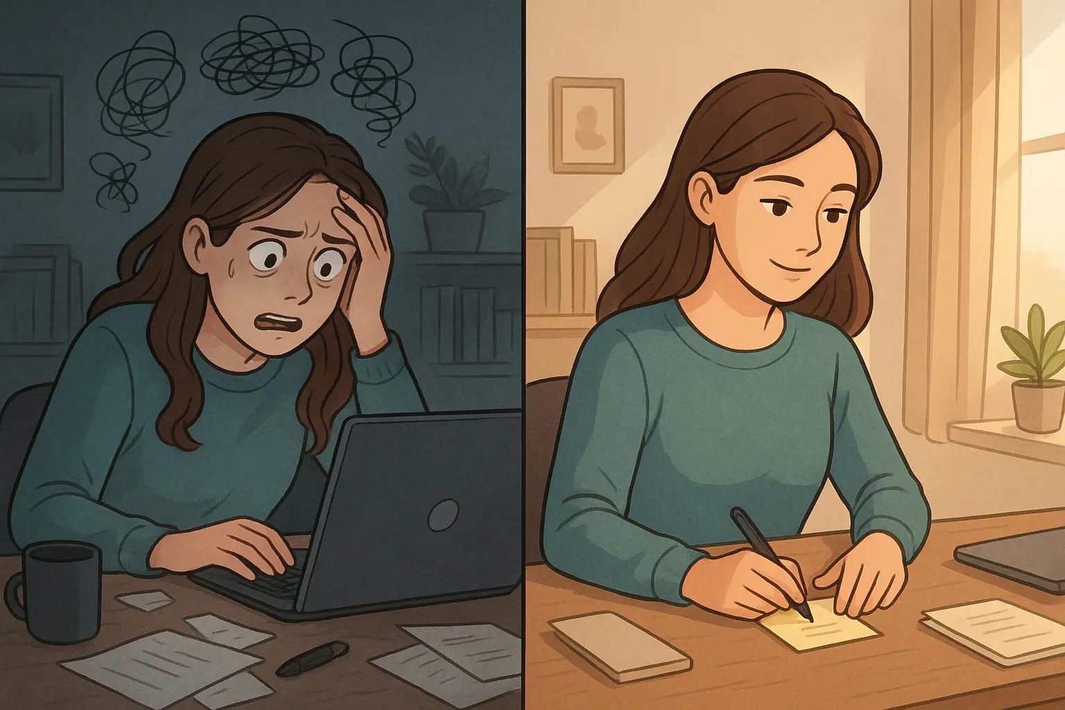 A young woman transforms from overwhelmed at a messy desk to calm and focused at an organised desk, illustrating the power of a simple planning method.