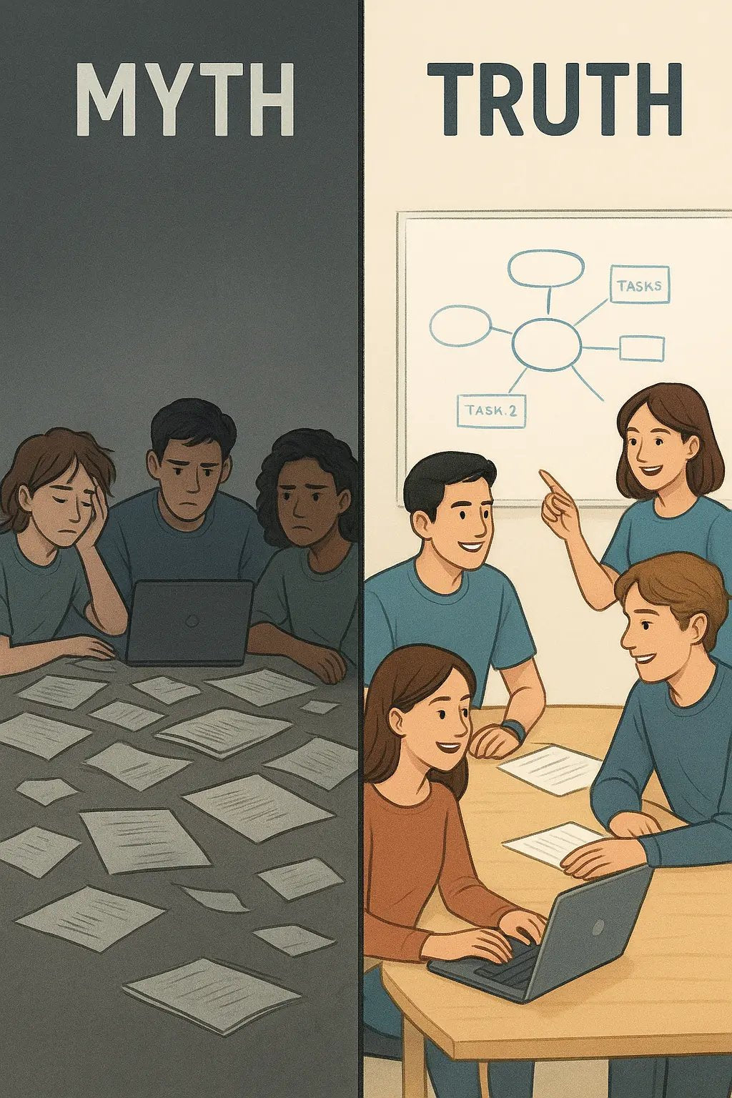 Split illustration showing chaotic group project on left transforming into organised teamwork on right with students collaborating around whiteboard