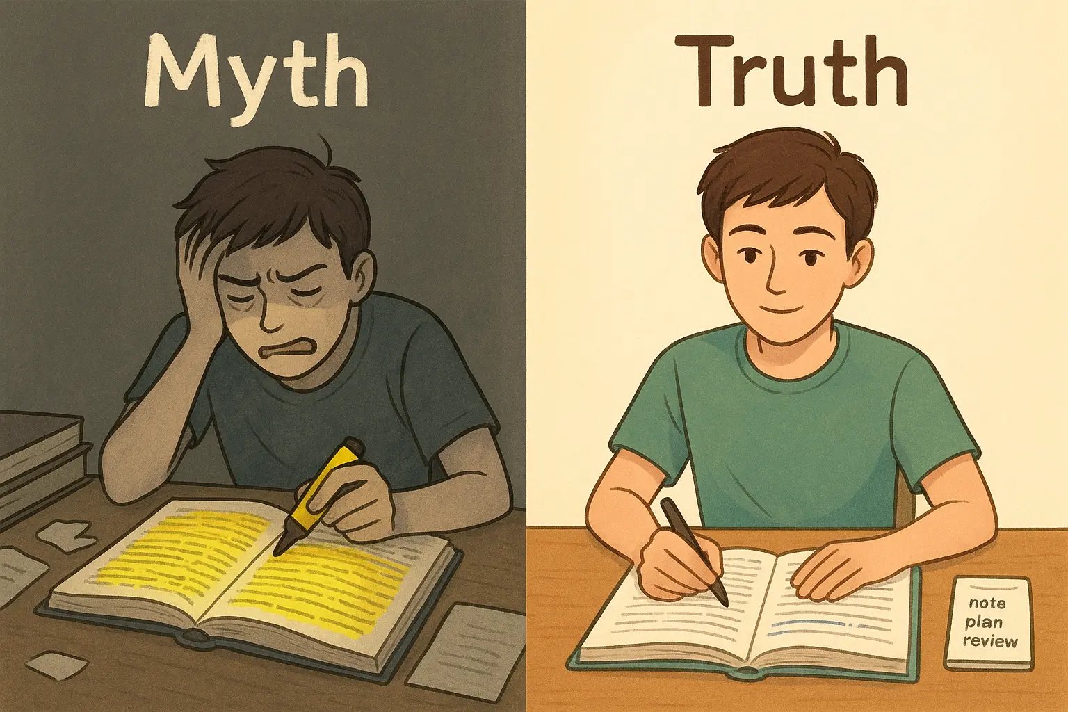 Student comparing messy highlighting with organised word list technique for effective studying