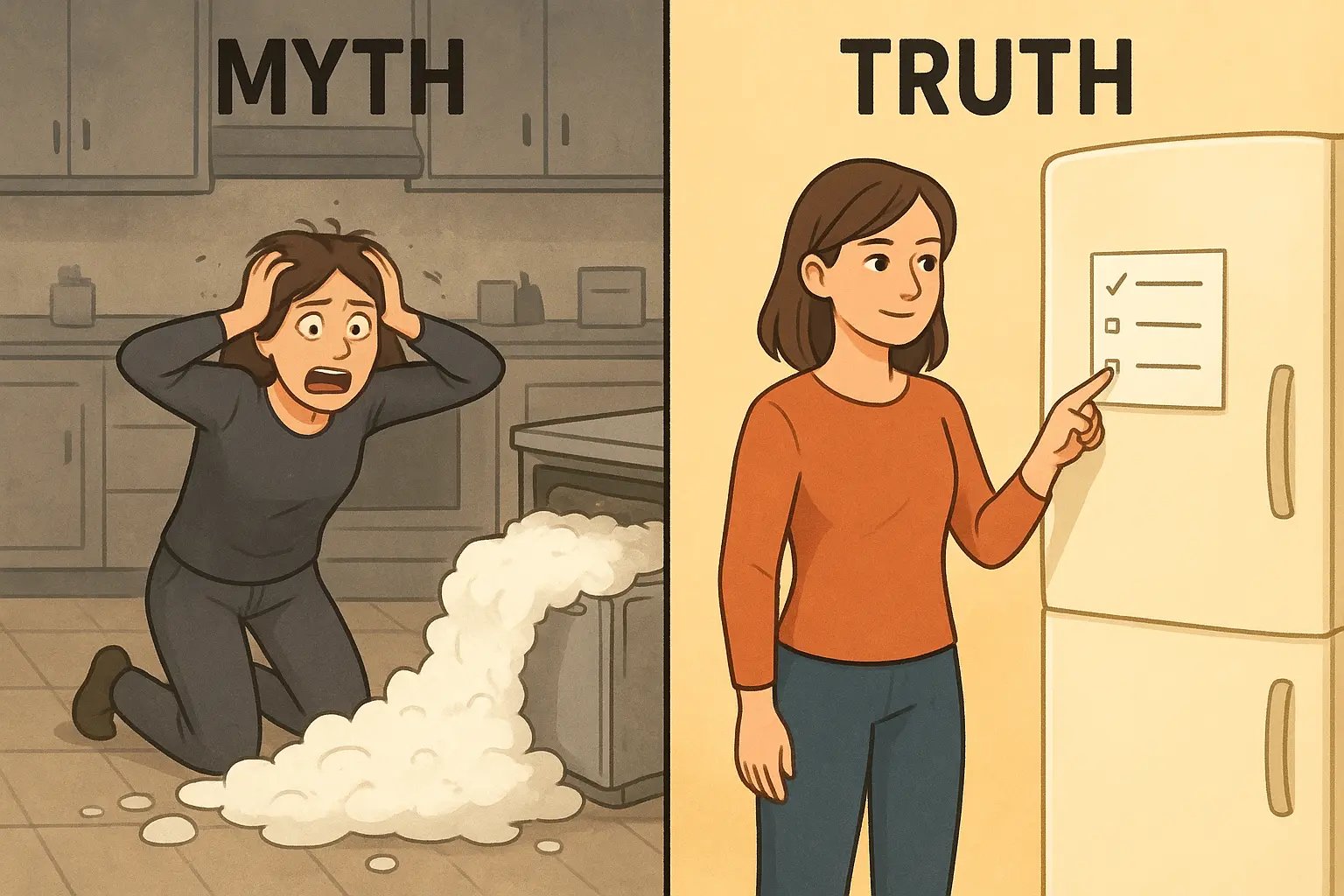 Woman calmly checking a fridge checklist whilst her dishwasher overflows with suds, showing control over a household mishap