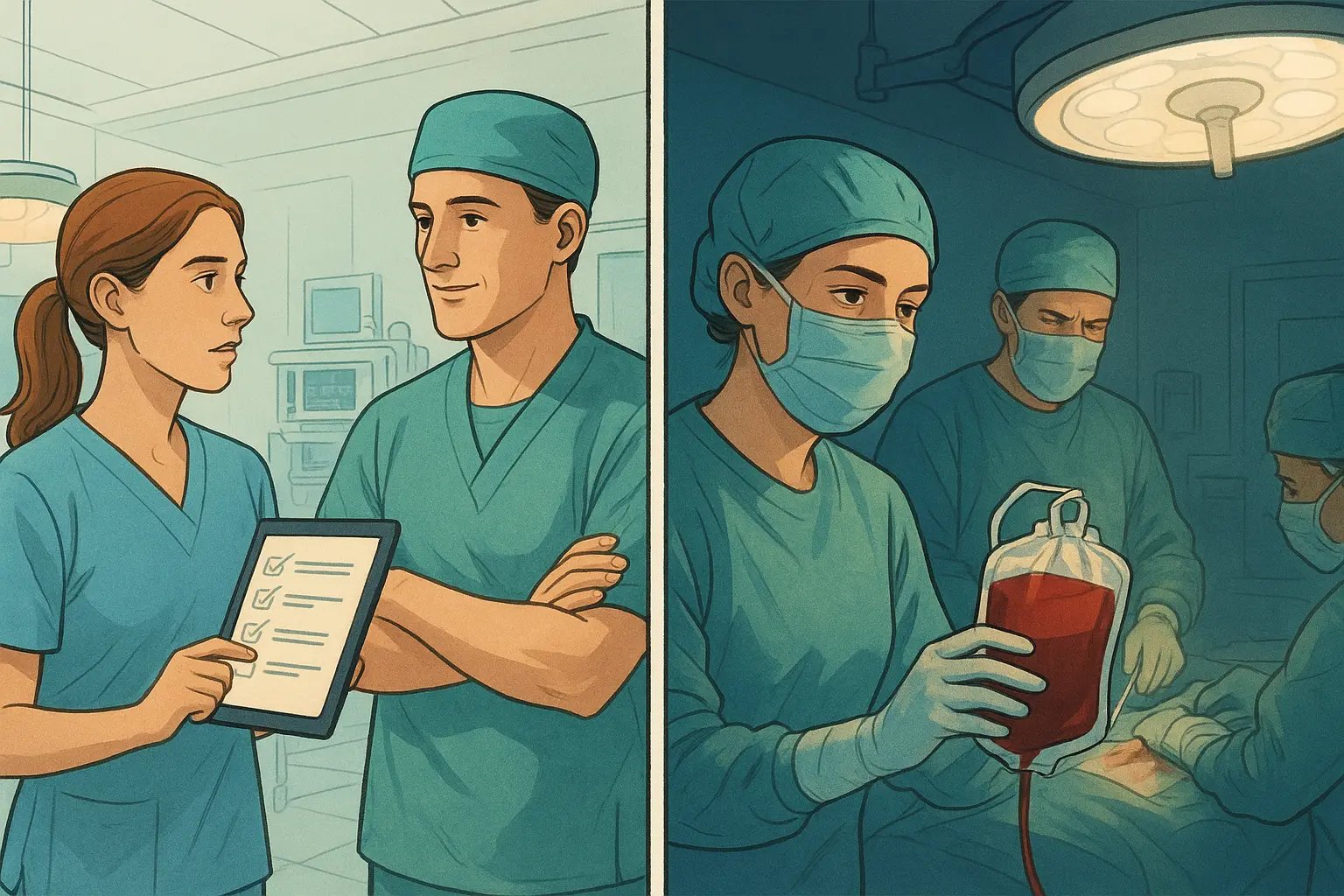 Split-panel illustration of a nurse preparing for surgery crisis, then calmly managing that exact crisis because of her thoughtful preparation.