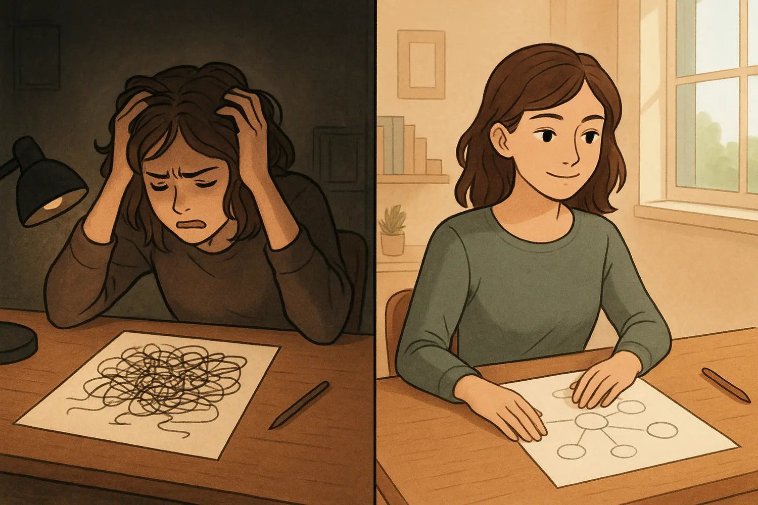 Student transformation from frustrated confusion over messy concept map to calm confidence with organized, clear version