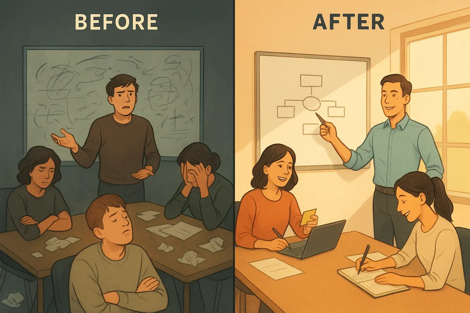 Split illustration showing team transformation from chaotic confusion to organised focus through clear decision-making
