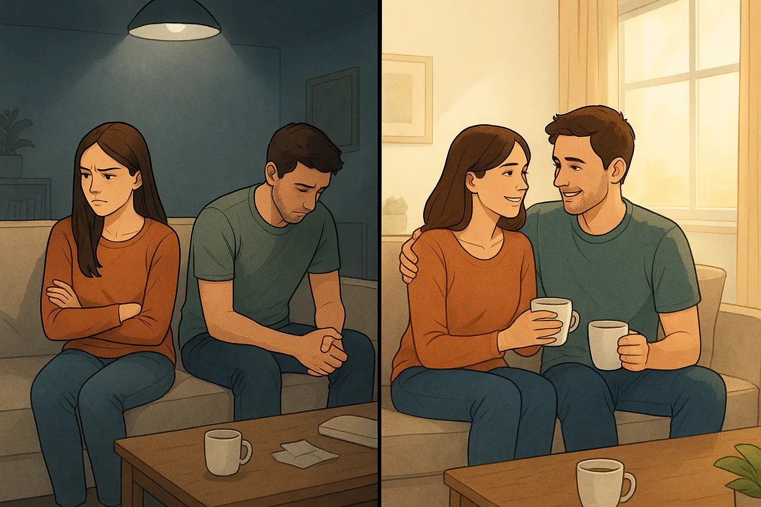Split illustration showing couple's transformation from distant and disconnected on a sofa to close, warm, and affectionately connected in the same living room space.