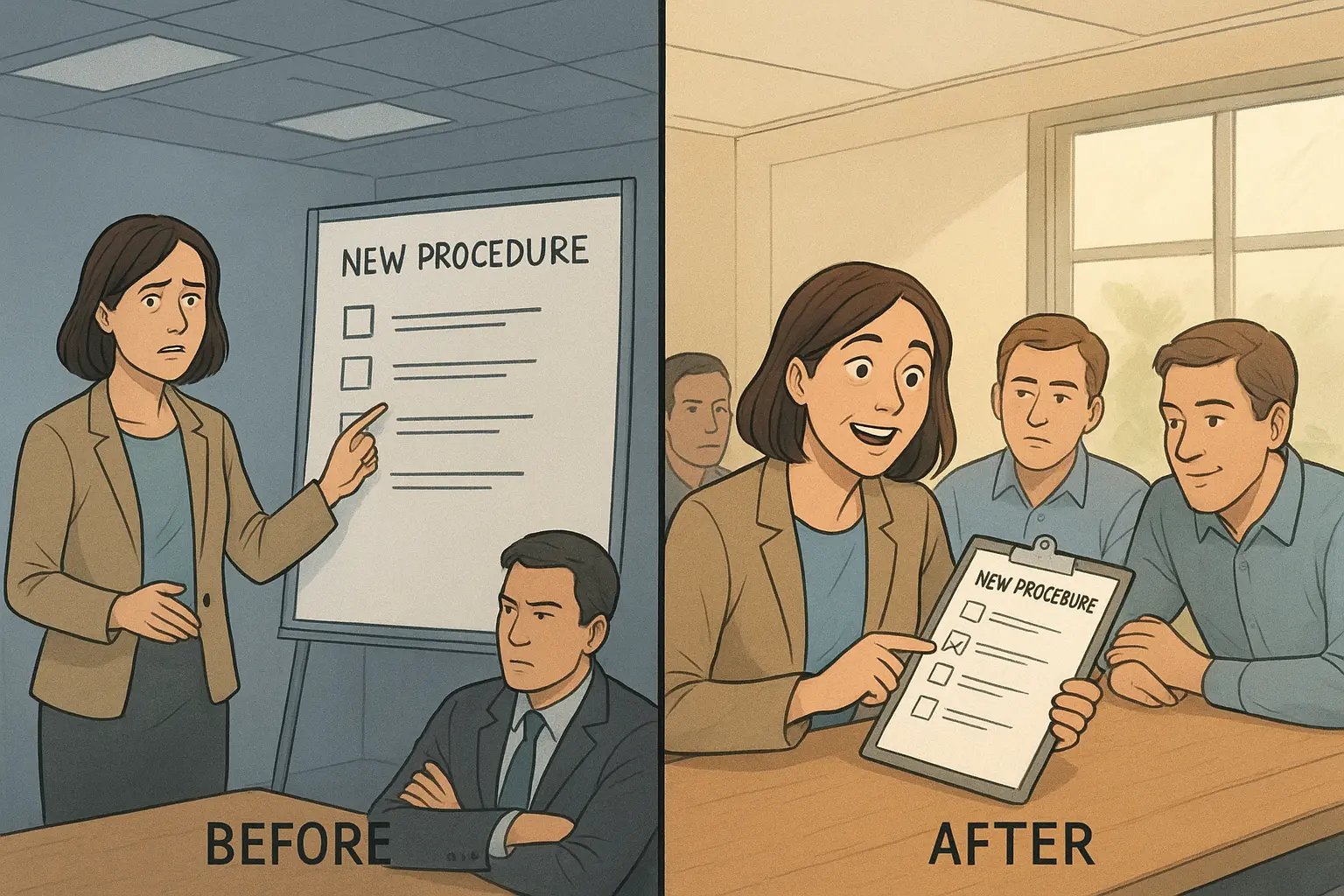 Split panel showing a leader's transformation from presenting to a sceptical team to collaborating with engaged colleagues over a shared checklist.