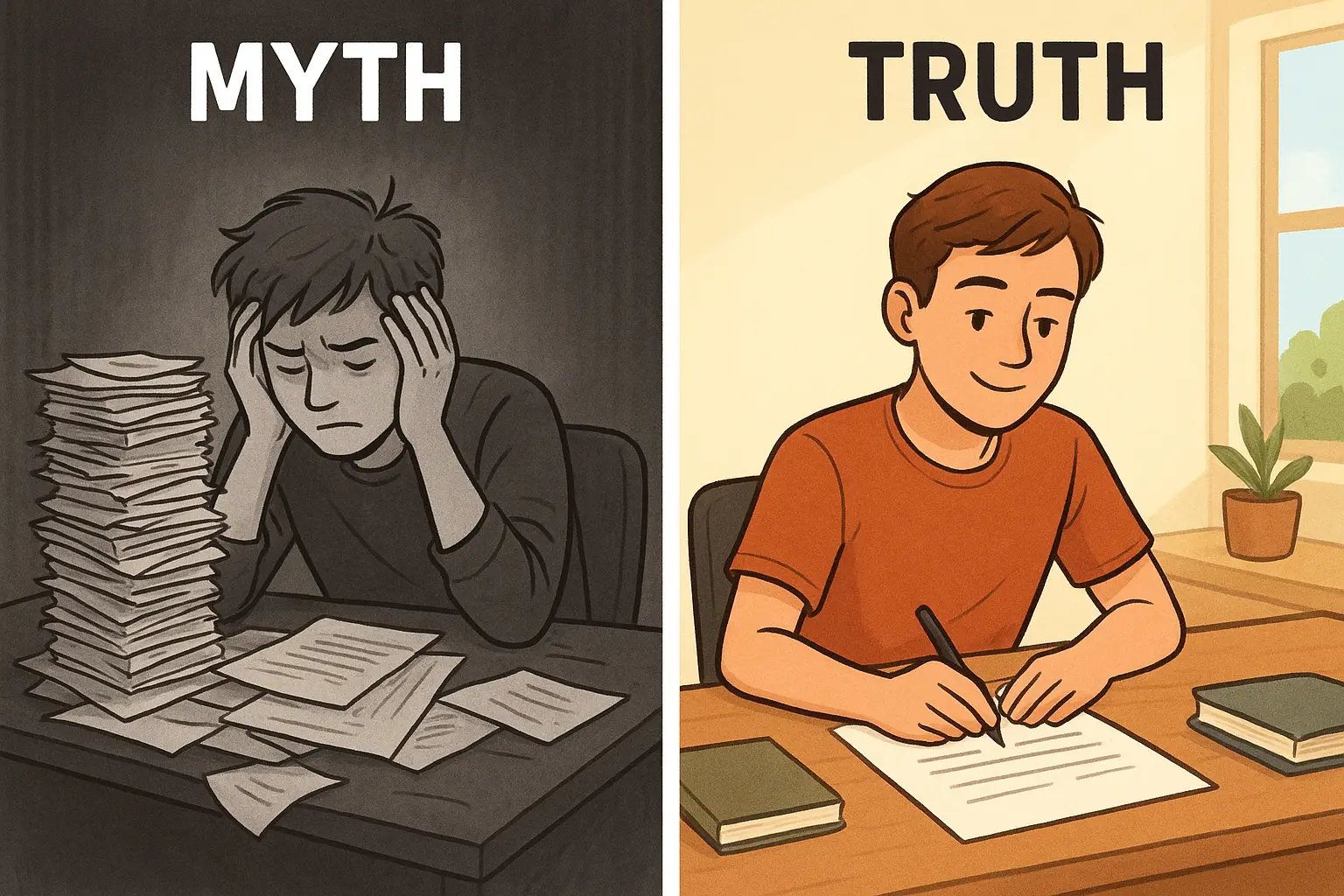 Student working calmly on a concise two-page assignment at an organised desk, contrasted with an overwhelmed student facing a chaotic pile of work