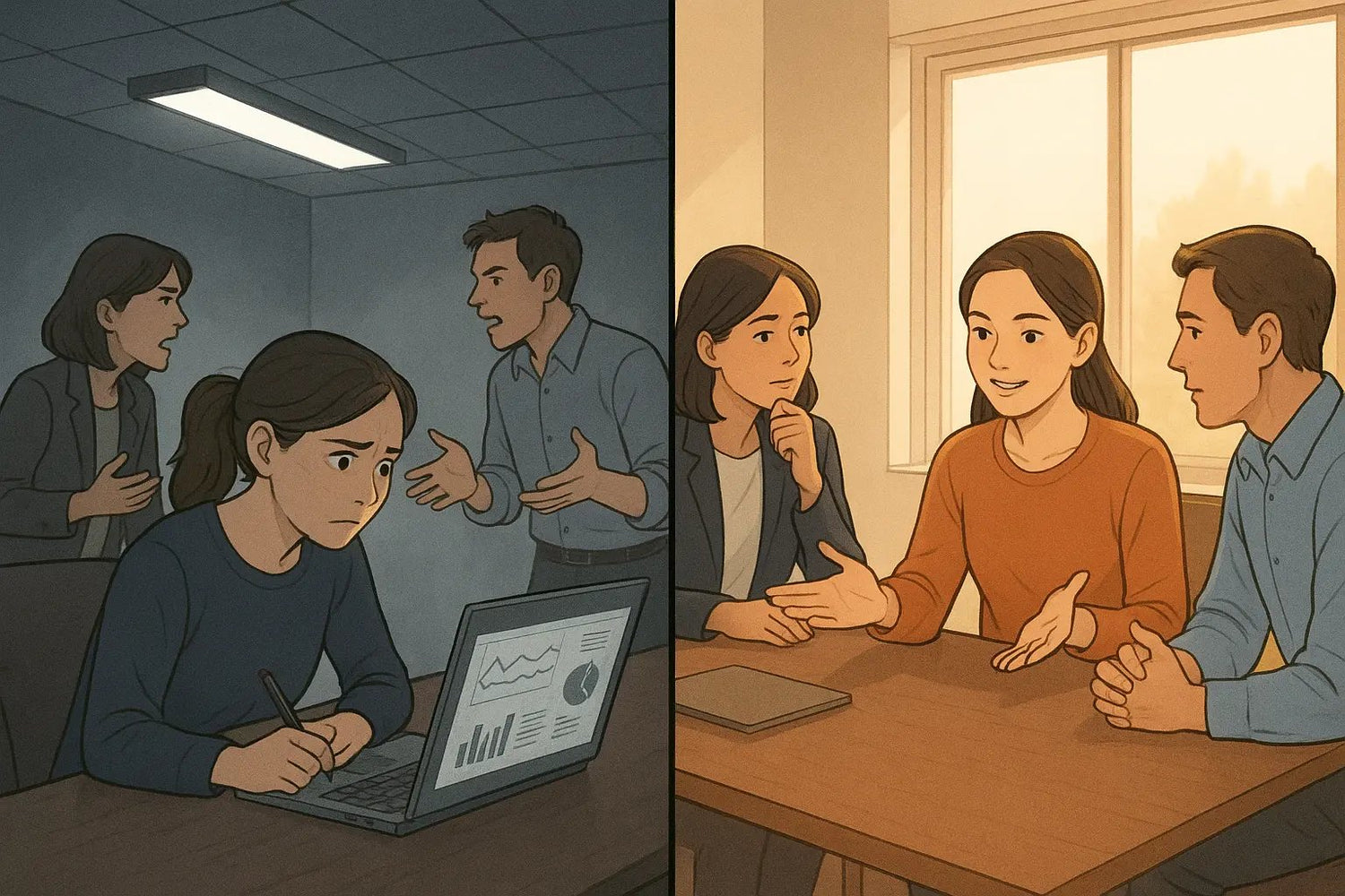Split panel showing a woman transforming from ignored in a tense meeting to confidently mediating a collaborative discussion