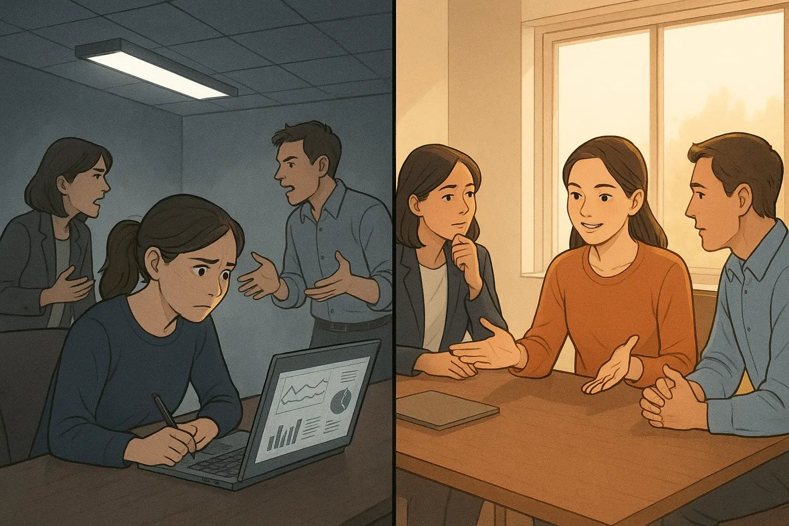 Split panel showing a woman transforming from ignored in a tense meeting to confidently mediating a collaborative discussion