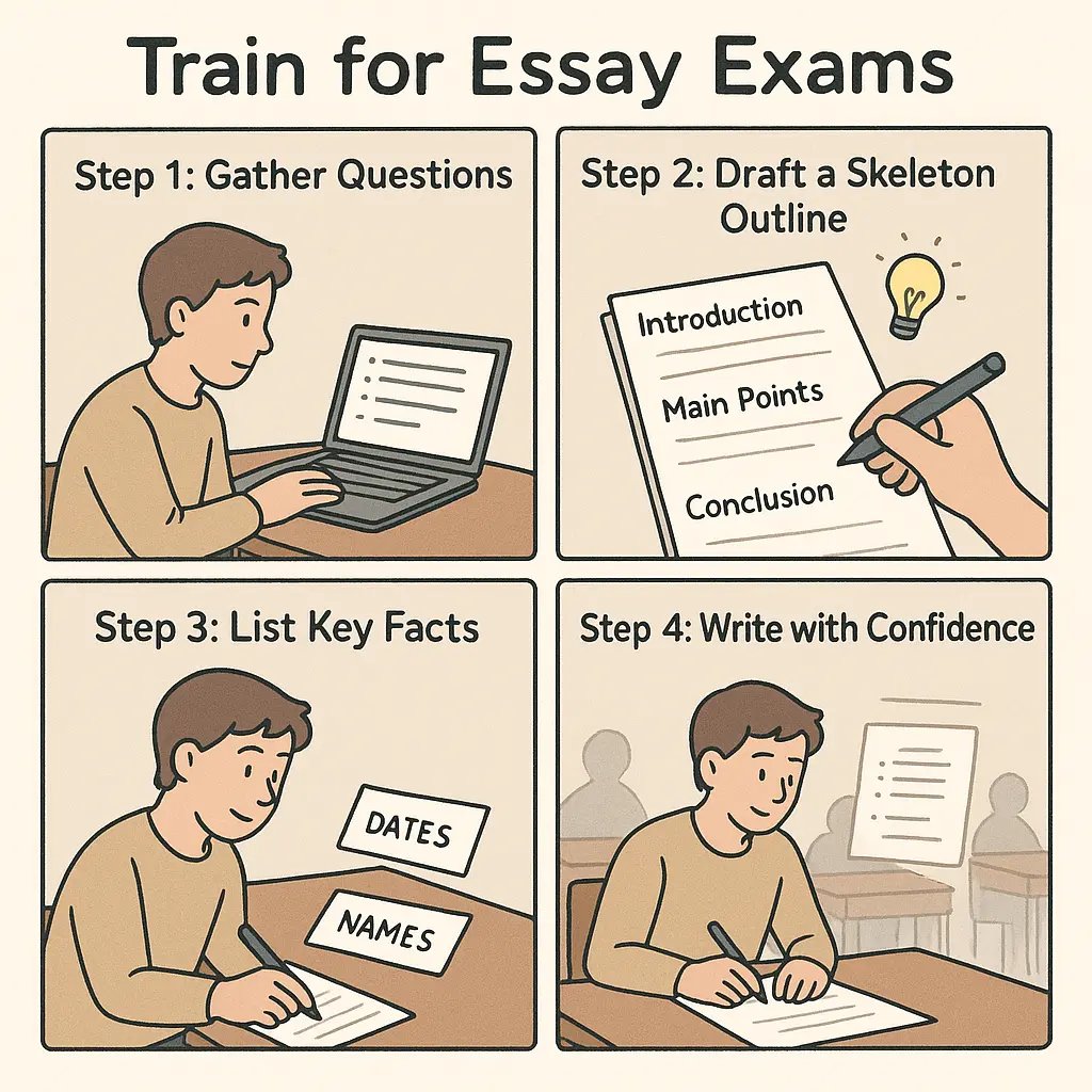 Four-panel guide showing a student preparing for essay exams using bullet-point outlines, from gathering questions to writing confidently in an exam hall