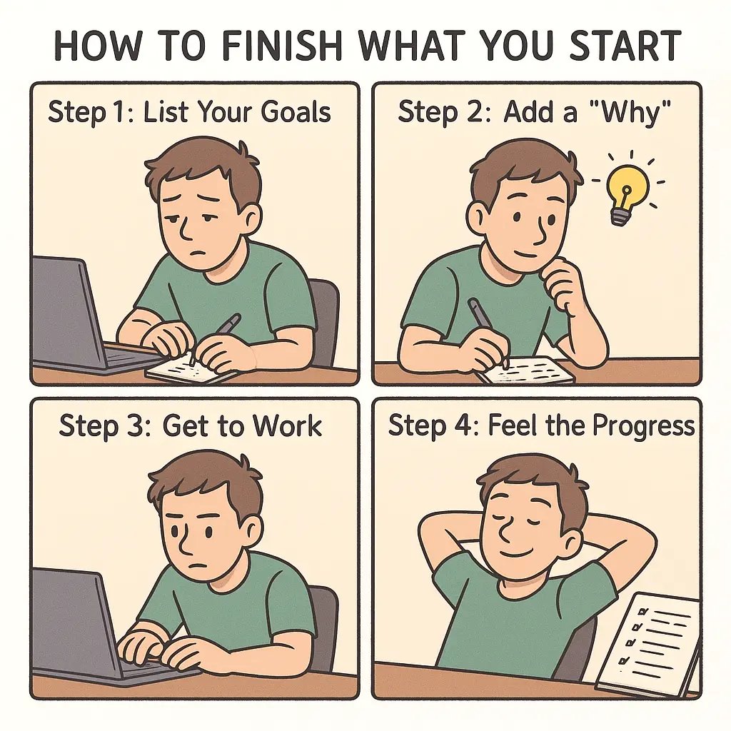 Four-panel comic showing a young man progressing from unmotivated goal-listing to satisfied completion by adding a why to each task