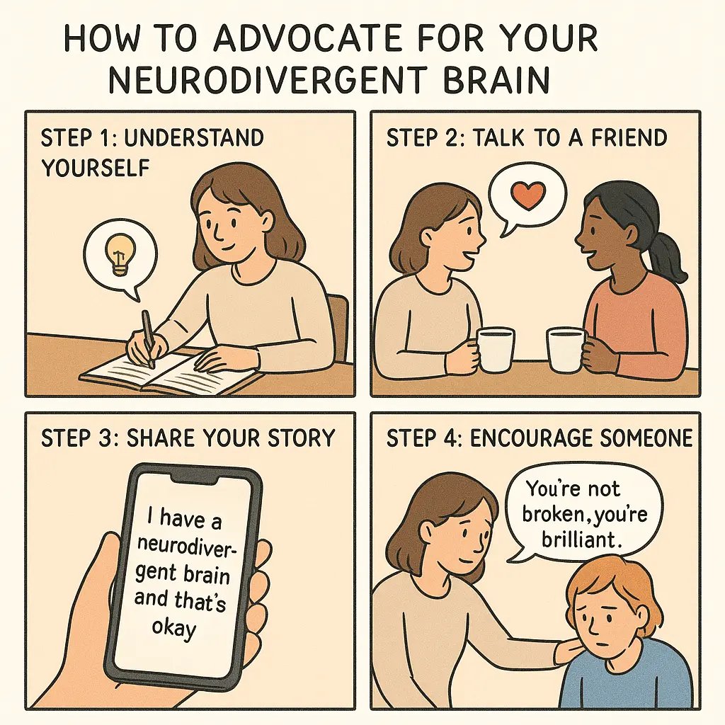 Four-panel comic showing a woman's journey: journaling strengths, talking with a friend, sharing online, and encouraging another person