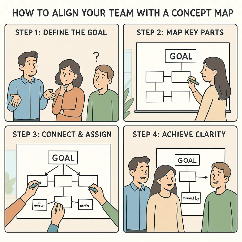 Four-panel comic showing a diverse team creating a concept map on a whiteboard, moving from confusion to clarity and alignment