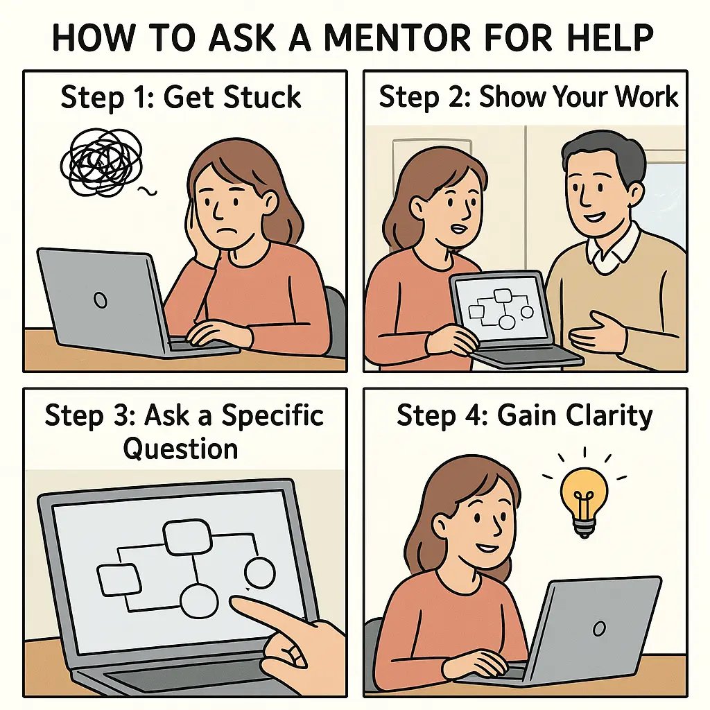 Four-panel comic showing a student getting unstuck by asking a mentor a specific, targeted question and achieving clarity