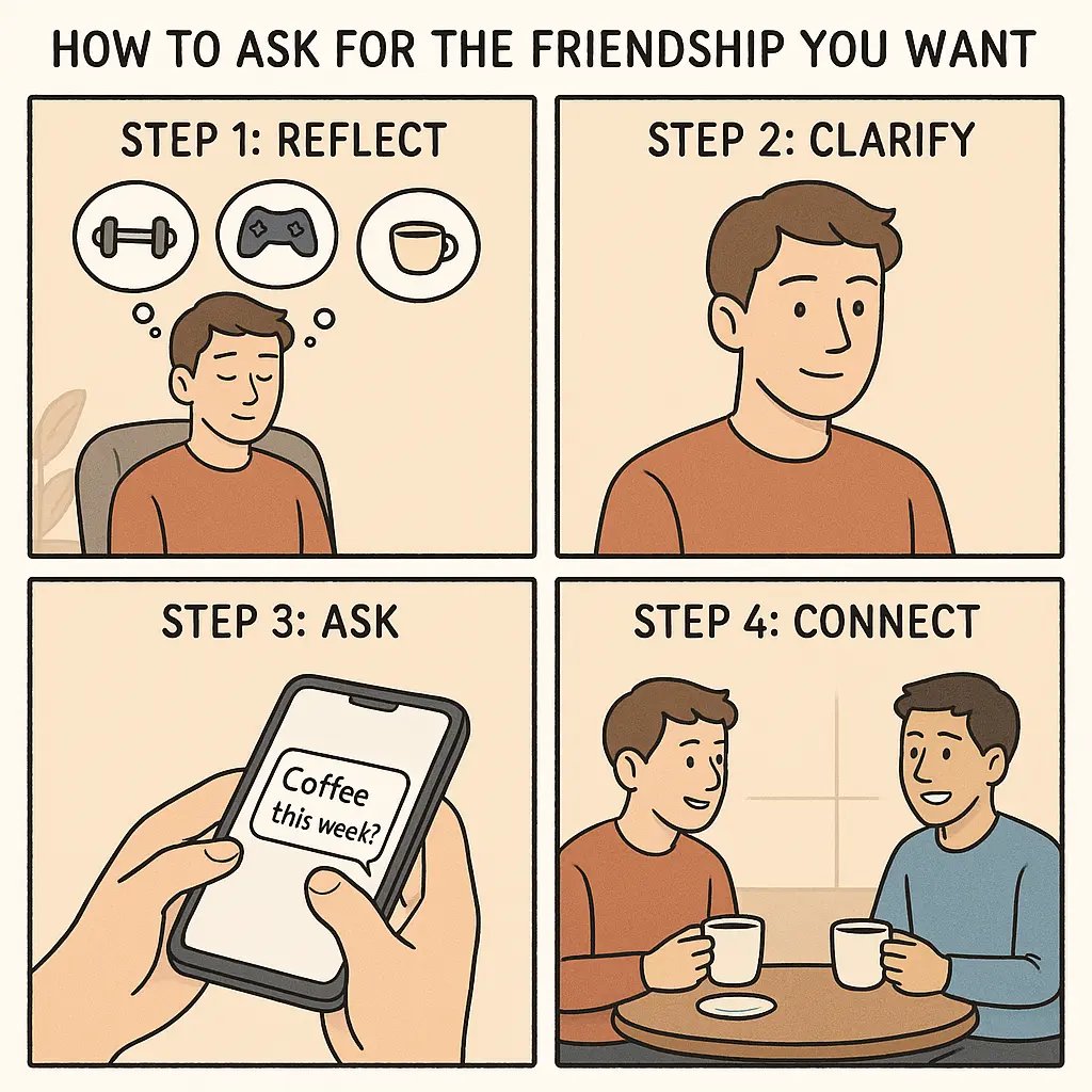 Four-panel comic showing a young man reflecting, clarifying his thoughts, texting a friend, and enjoying coffee together in a café.