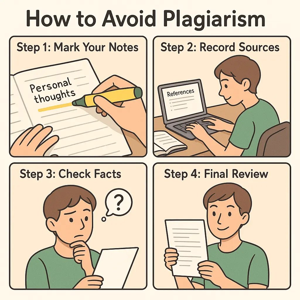 Student following four steps to avoid plagiarism: marking notes with highlighters, recording sources on laptop, checking facts, and reviewing essay confidently
