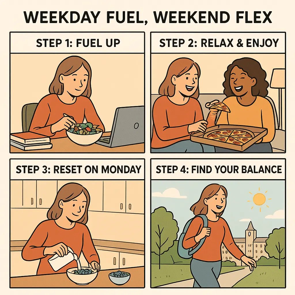 A university student enjoying balanced eating habits throughout the week, from healthy study meals to relaxed weekend treats, showing sustainable energy.