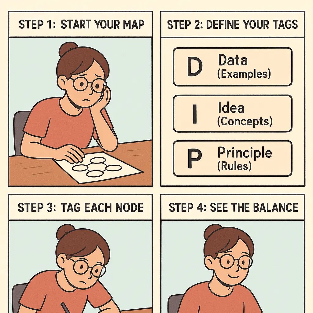 A four-panel comic showing a student organizing a concept map by tagging nodes with Data, Ideas, and Principles labels