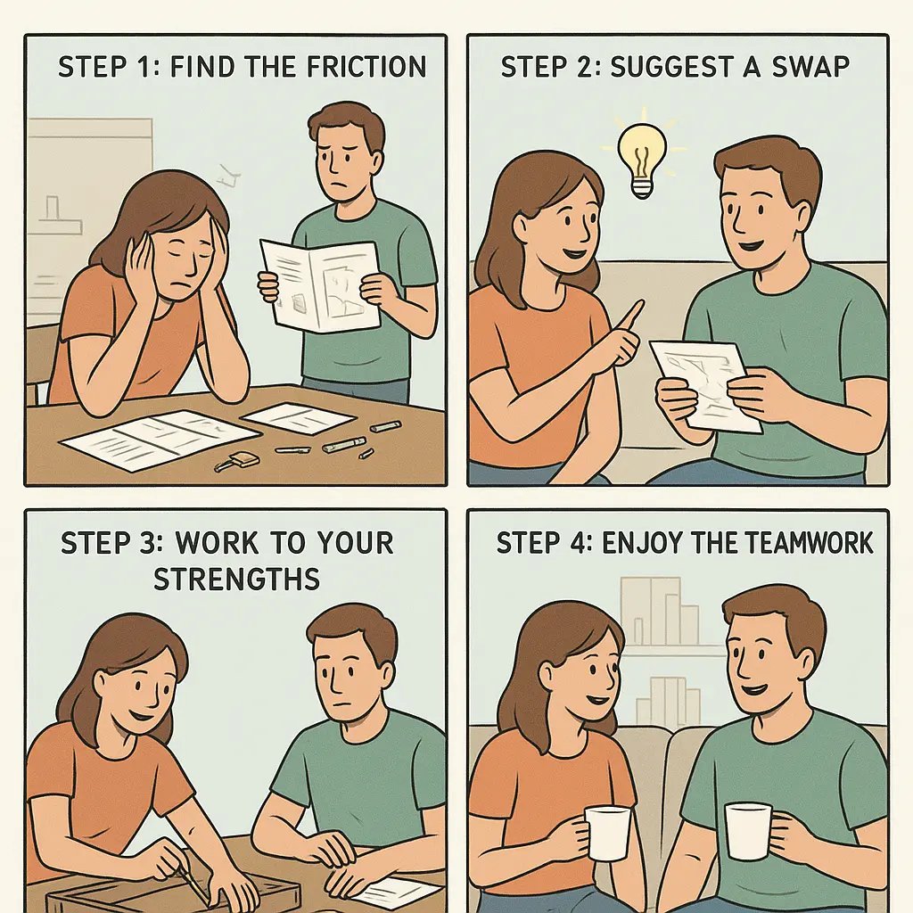 A four-panel comic showing a couple trading household tasks based on their strengths, from frustration to peaceful teamwork at home