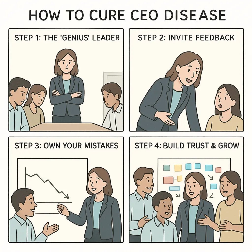 A four-panel comic showing a leader's transformation from rigid control to collaborative teamwork through feedback and vulnerability