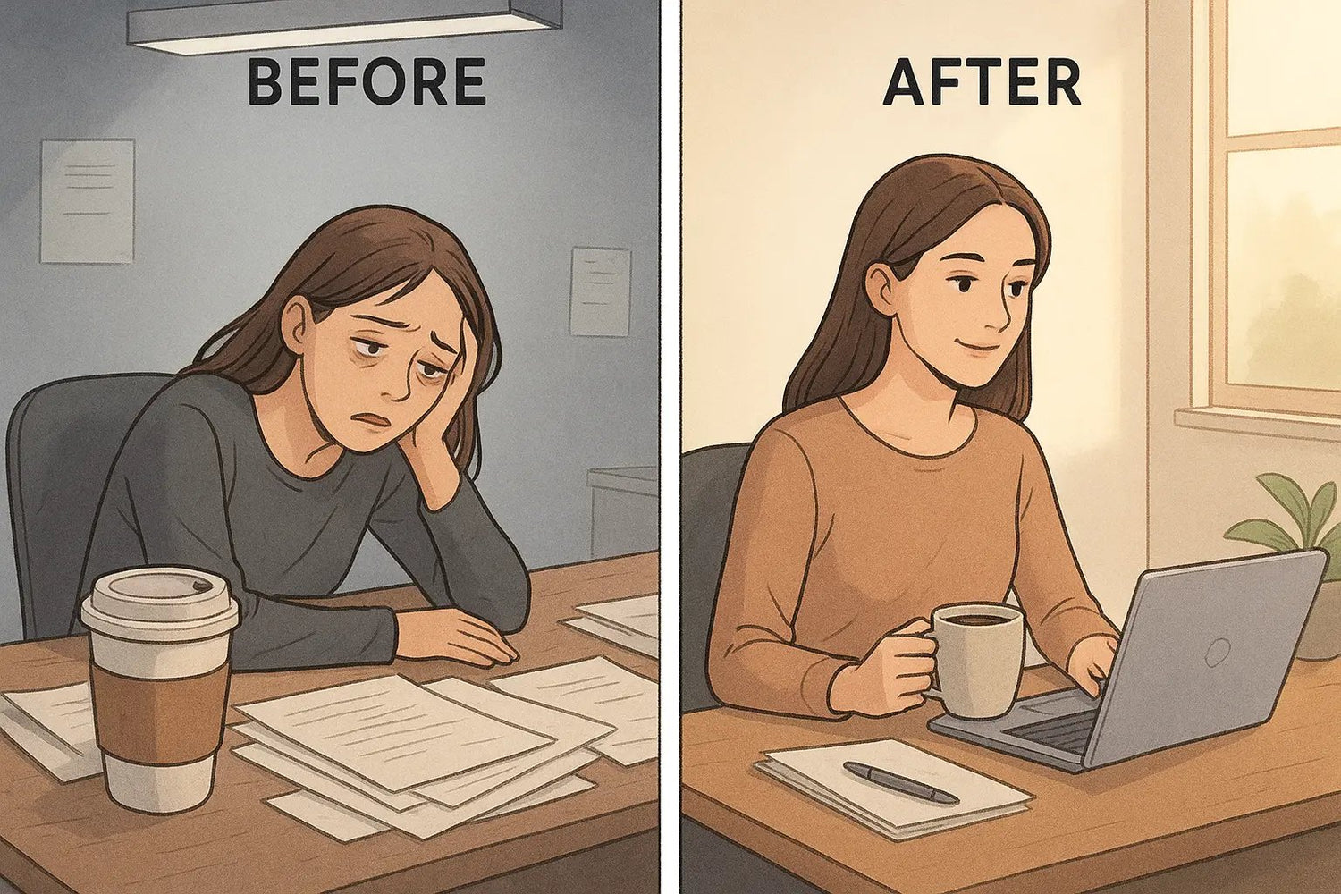 Split panel showing a woman's transformation from slumped and exhausted with an empty coffee cup to calm and focused with a small mug.