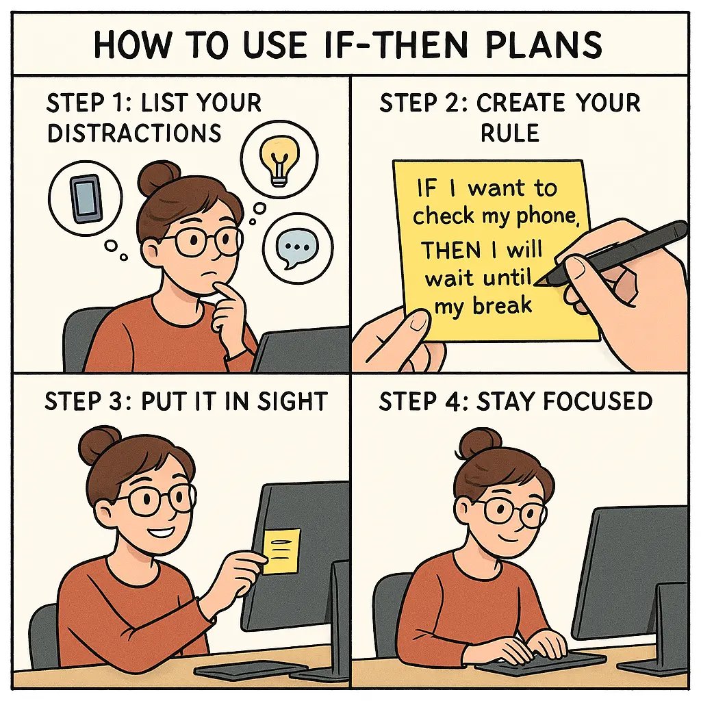 Woman at desk creating if-then plan on sticky note to ignore phone distractions and stay focused