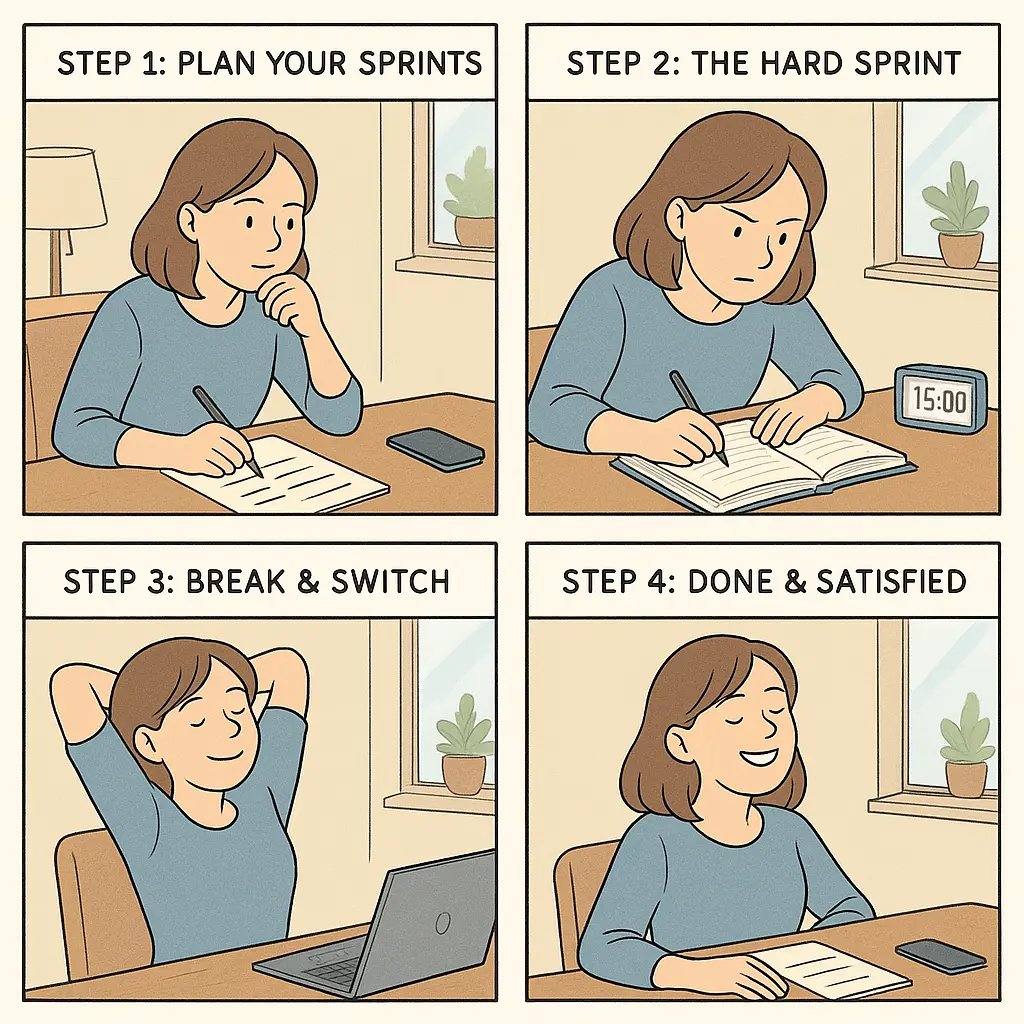 Four-panel comic showing a young woman using study sprints: planning tasks, focusing on hard work with a timer, taking a mindful break, and finishing satisfied.