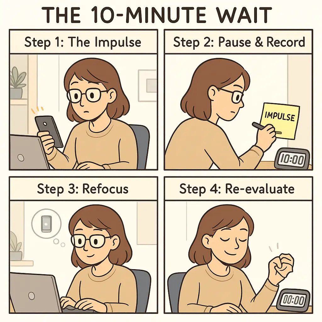 Four-panel comic showing a woman using a 10-minute timer to overcome phone distractions and refocus on work