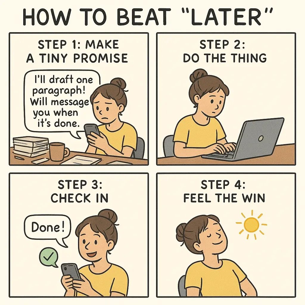 Young woman at desk making accountability promise via text to overcome procrastination and complete a small task