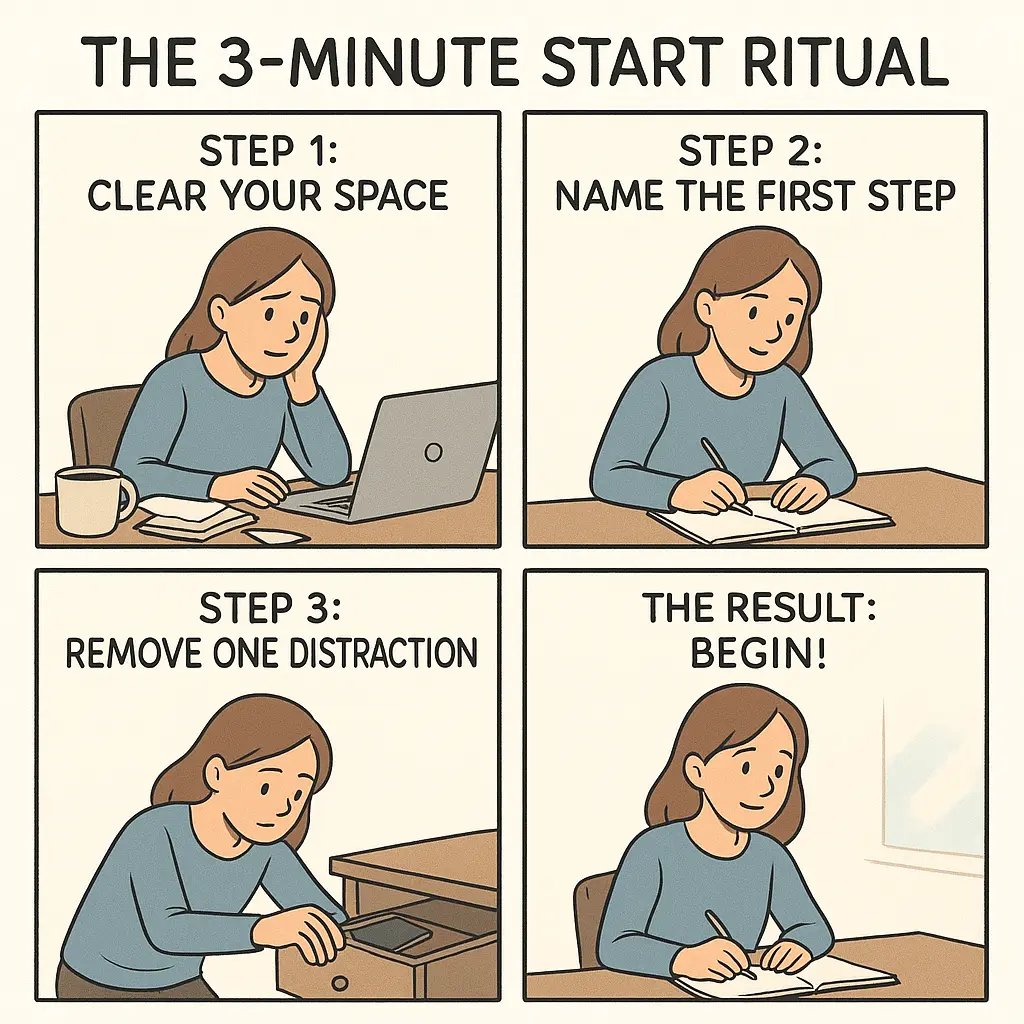 Woman at tidy desk calmly writing in notebook after clearing workspace and removing phone, demonstrating productive focus.