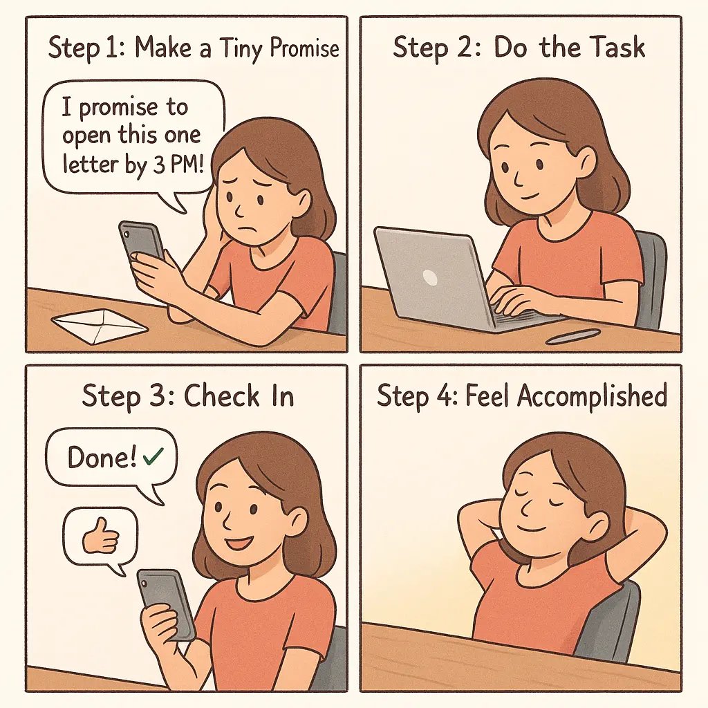 A four-panel comic showing a woman's journey from stressed procrastination to accomplished relief through accountability check-ins with a friend