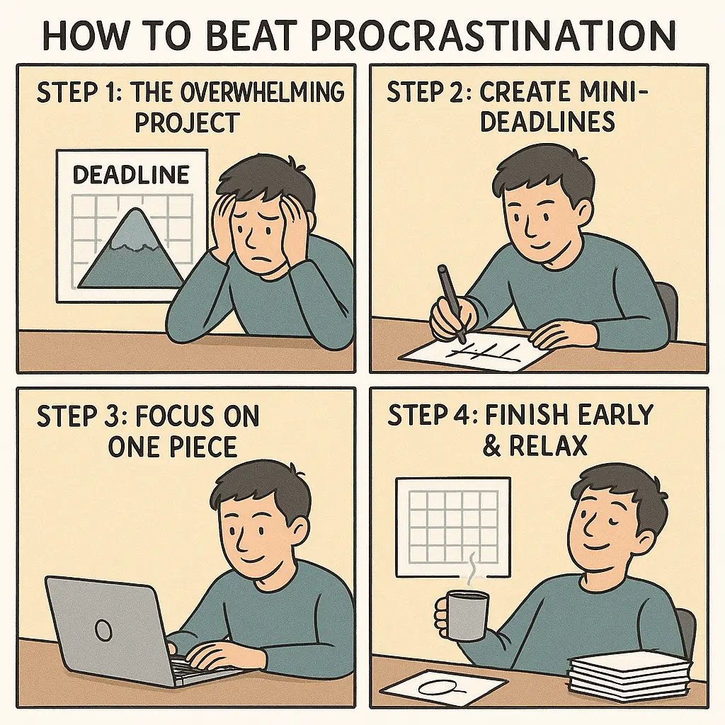 A university student breaking a large project into smaller mini-deadlines, moving from stress to calm productivity and finishing early