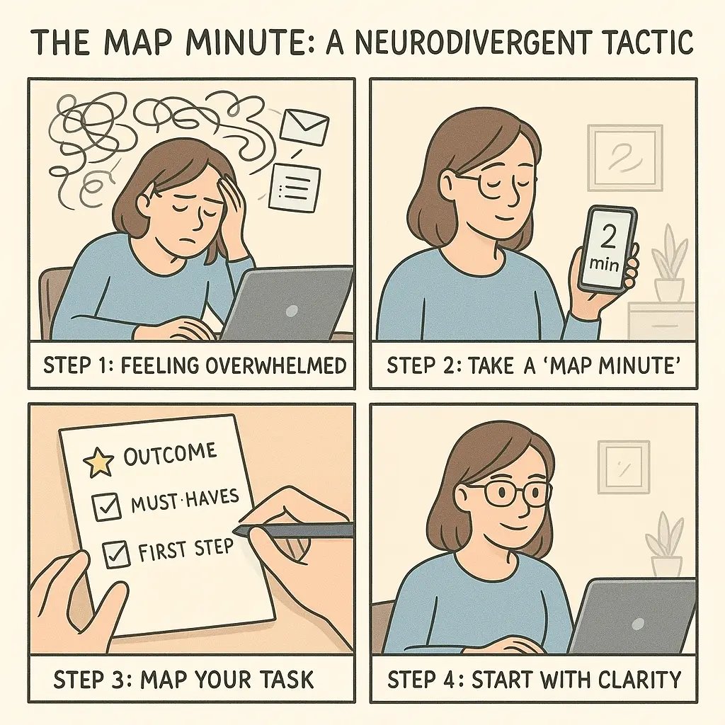 Comic strip showing a woman using the map minute technique to transform task overwhelm into focused clarity in four simple steps.