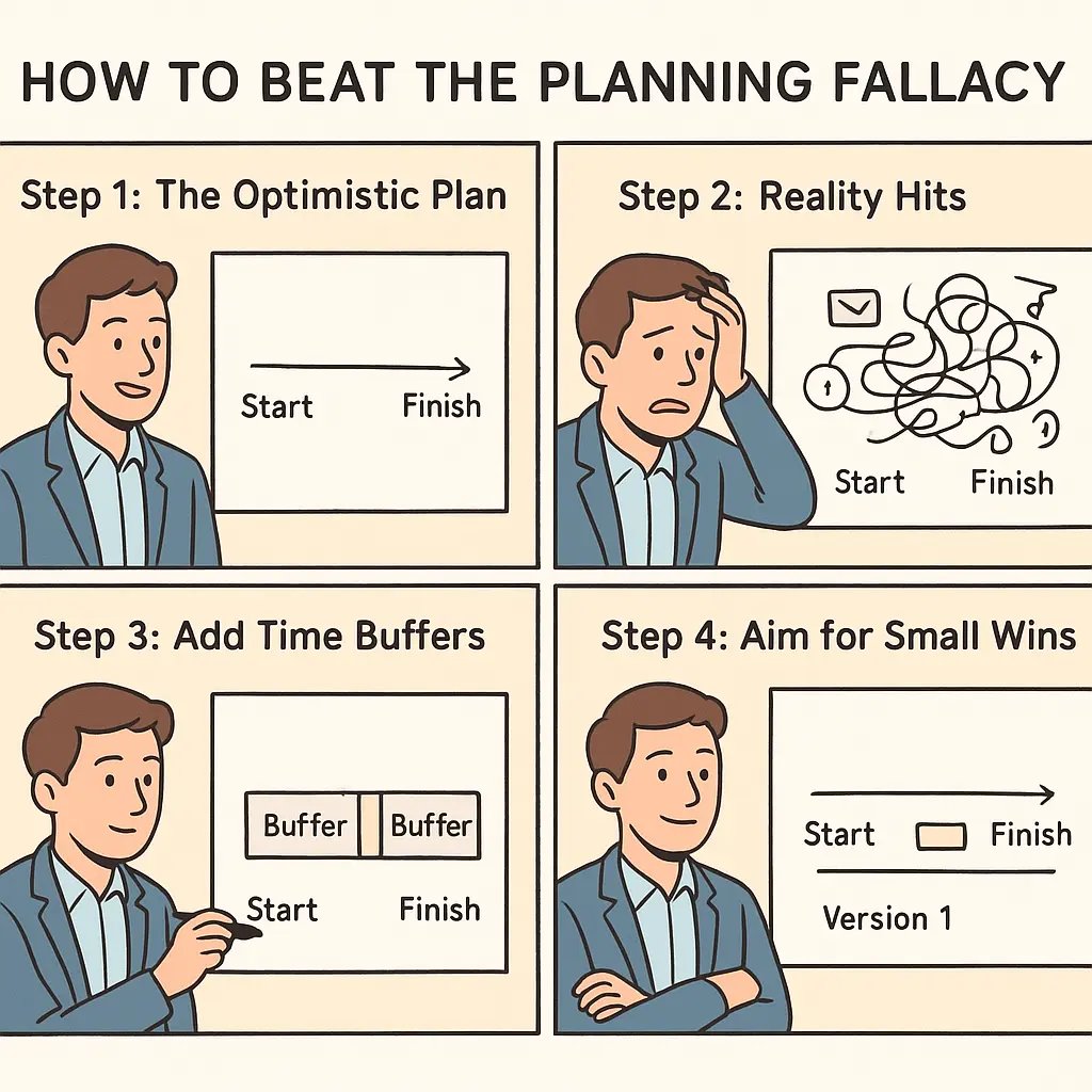 A four-panel comic showing a professional transforming an optimistic timeline into a realistic buffered schedule with early milestones for calm project completion