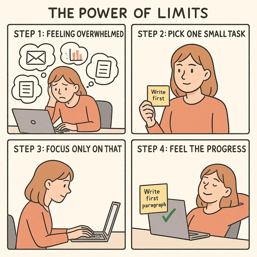 A four-panel comic showing a woman overcoming work paralysis by setting simple limits and focusing on one small task at a time