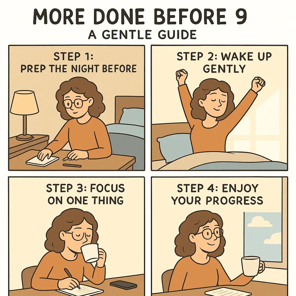 Woman preparing workspace the night before, waking gently, focusing without distractions, and enjoying morning progress