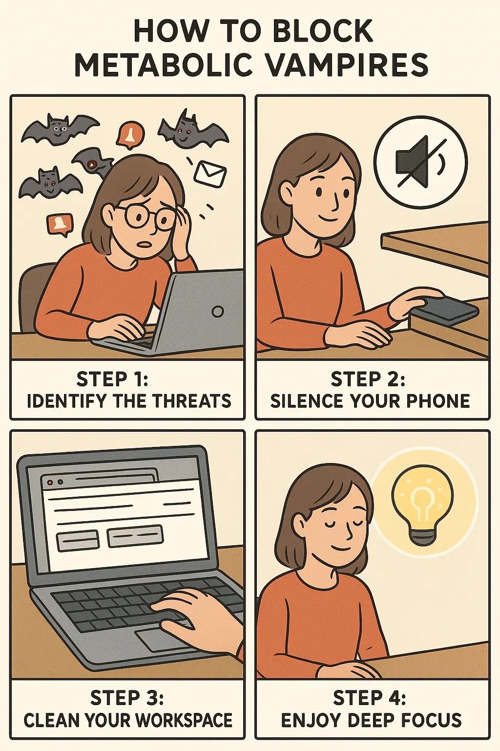 A four-panel comic showing a student blocking distractions by silencing their phone, closing browser tabs, and achieving protected deep focus with a glowing shield.