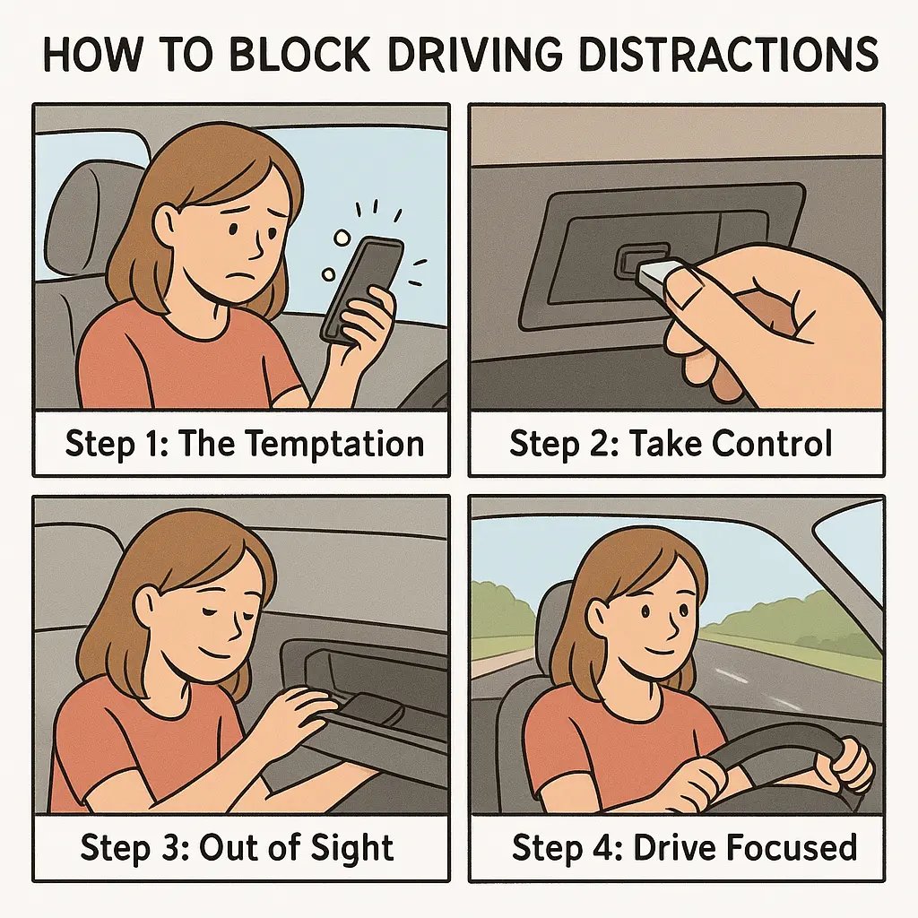 A young woman driving calmly with both hands on the wheel after using a safety device to block phone distractions