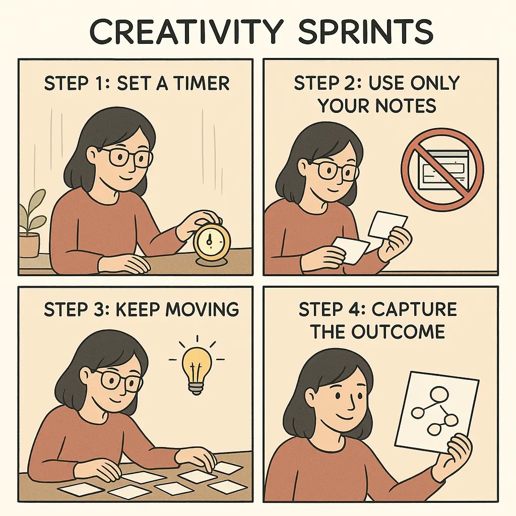 Four-panel comic showing a young woman completing a creativity sprint: setting a timer, using only her notes, connecting ideas, and capturing the outcome in a mind map.