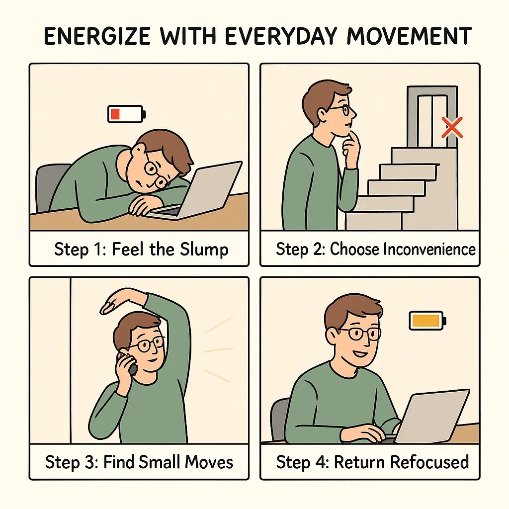 A young man progressing from tired at his desk to energised after taking stairs and stretching, showing renewed focus at work.