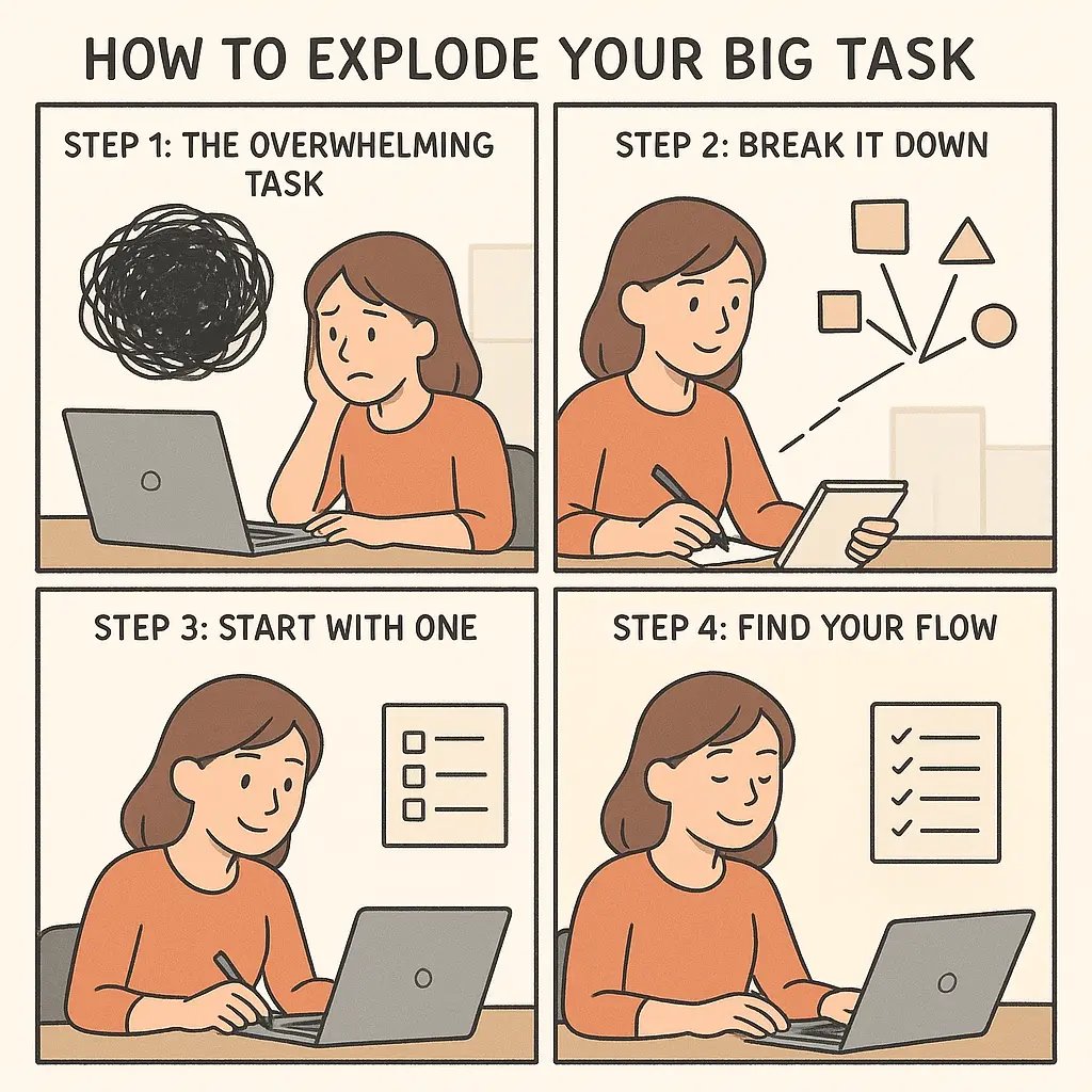 A four-panel comic showing a woman transforming an overwhelming task into manageable steps and finding her flow