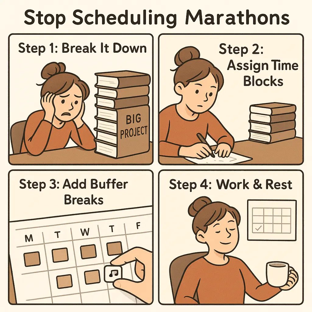 Woman calmly working at desk with planner showing time blocks and rest breaks, demonstrating productive task management