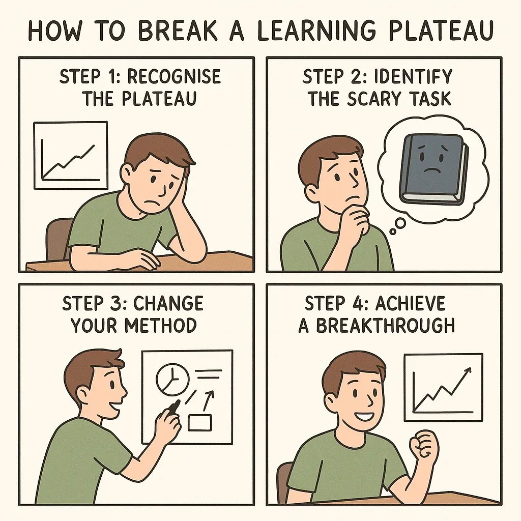 A student transforming from frustrated to accomplished by identifying a scary task, changing their study method, and breaking through a learning plateau.