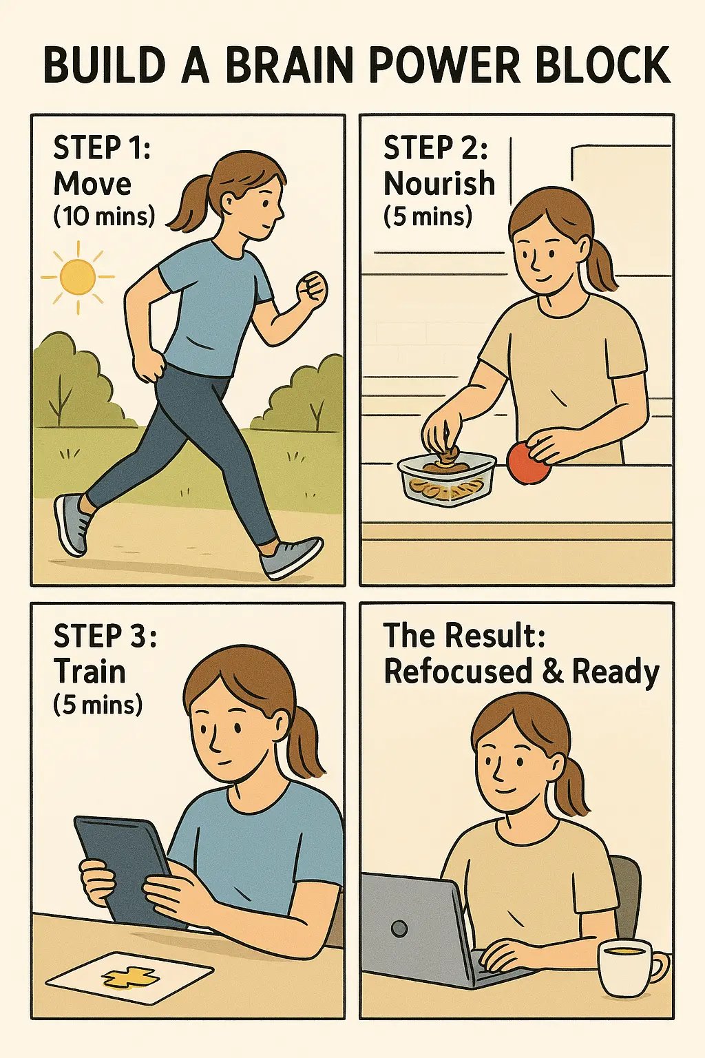 Four-panel comic showing a woman completing a brain power block: walking, prepping a healthy snack, doing a brain task, then working refreshed.