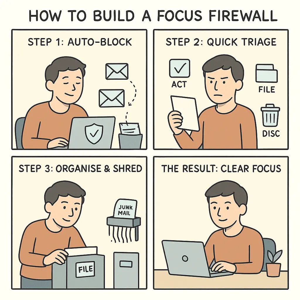 Four-panel comic showing a person building a focus firewall by auto-blocking emails, triaging documents, and shredding junk mail to achieve a calm, organised workspace.