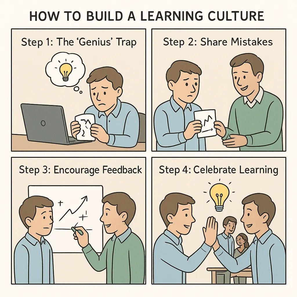 Four-panel comic showing workplace transformation from hiding mistakes to celebrating collaborative learning and team success